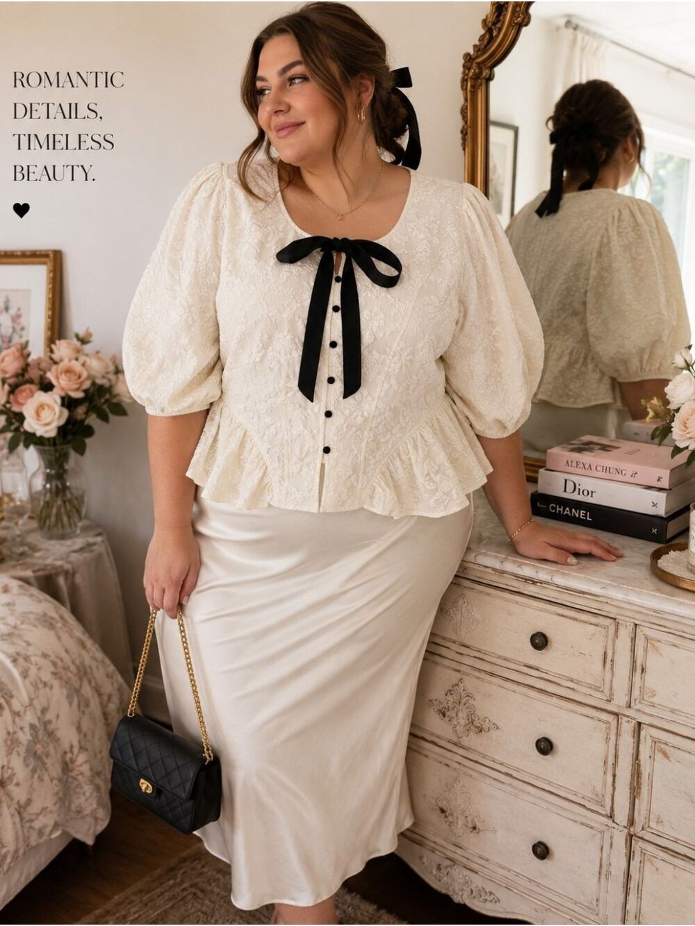 Oddi 3X Ivory Floral Jacquard Peplum Blouse Bow Puff Sleeve Cottagecore NWT - Picture 2 of 11
